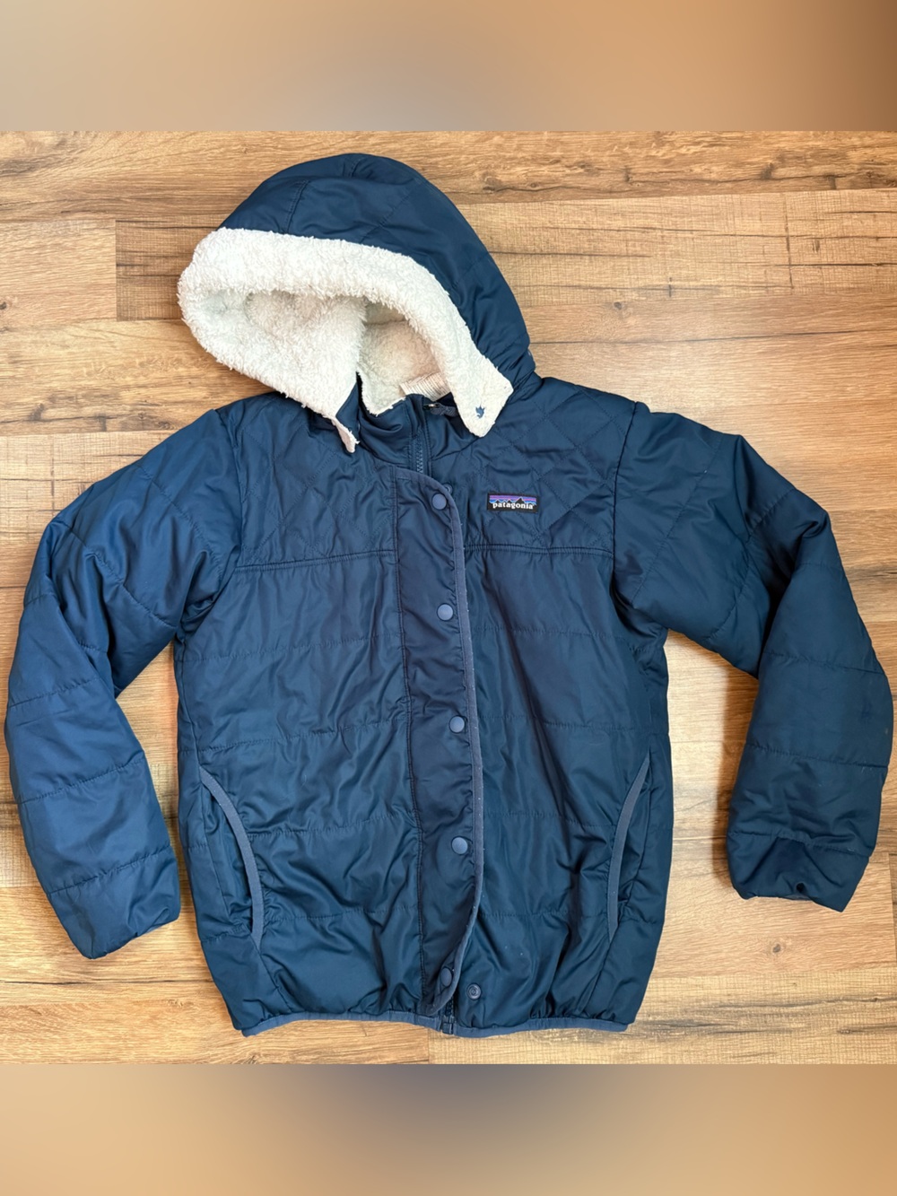 Patagonia Boys Ready Freddy Navy Hooded Reversible Jacket size 10